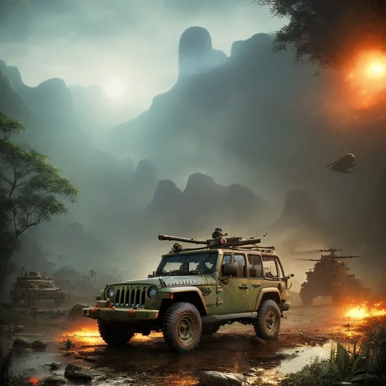 vietnam war. war report. jeep in jungle. poster. bokeh. lens flare. warm lights. high detailed. beksinski