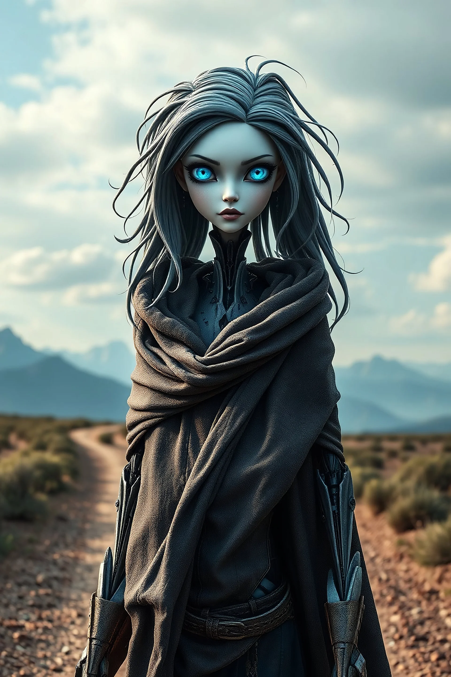a porcelain mechanical woman with vibrant blue gem eyes, grey and black metallic hair, and a slim, yet matured frame, covered in a shabby cloak to hide her unusual and inorganic form. Her body has a steampunk style to it. She is standing on a dirt path heading to a set of far away mountains. She has a fantastical mature design