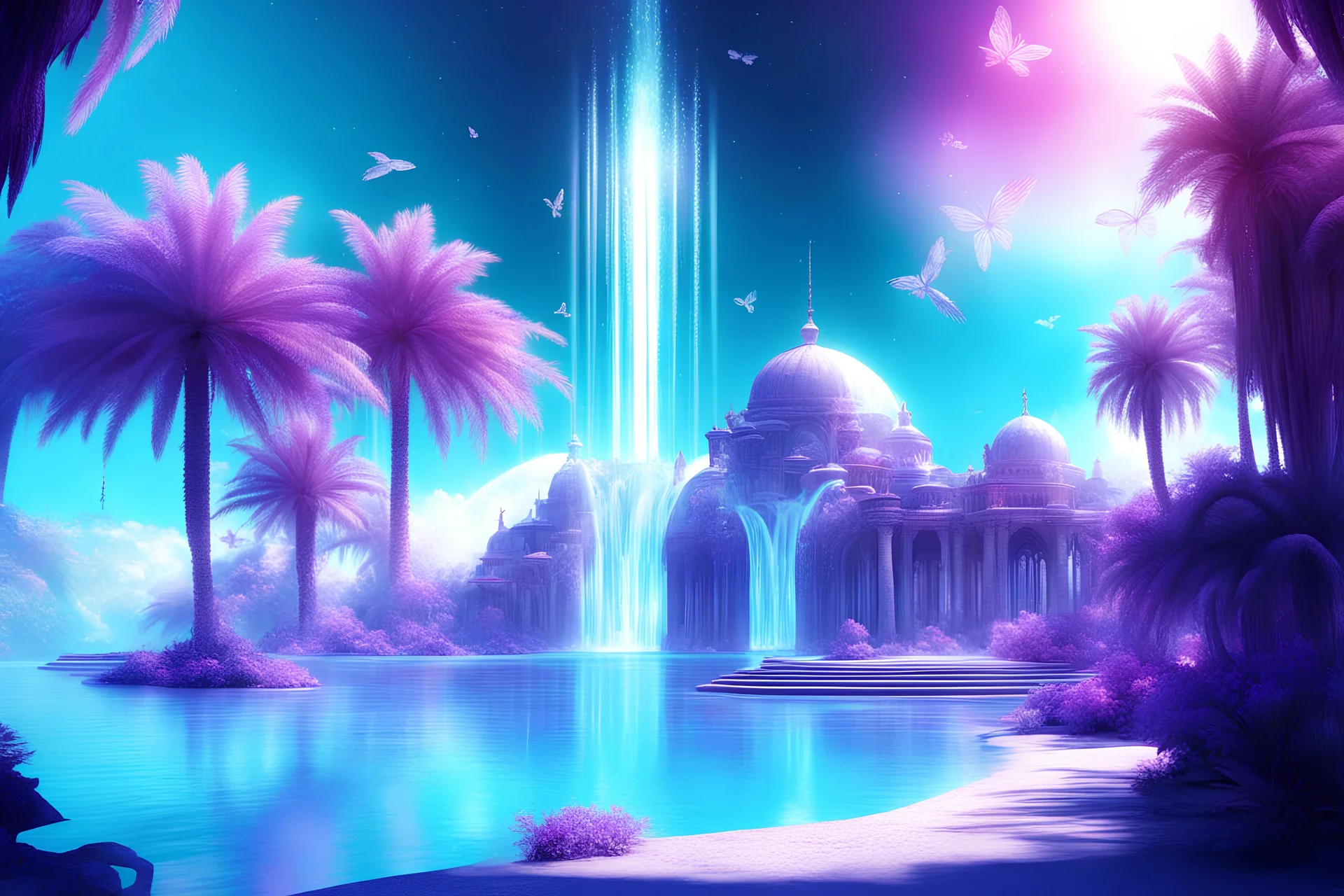 Village futur et cosmique Palais magnifique délicat et raffine de cristal, dôme de cristal avec des facettes de couleurs , palmier , mer turquoise. Grand ciel bleu. Lucioles, étincelles de lumière. Au tout premier plan des fleurs délicates blanches et violettes.. Cascades. Un lac d'eau turquoise avec des cygnes. Des papillons Haute définition . 8k