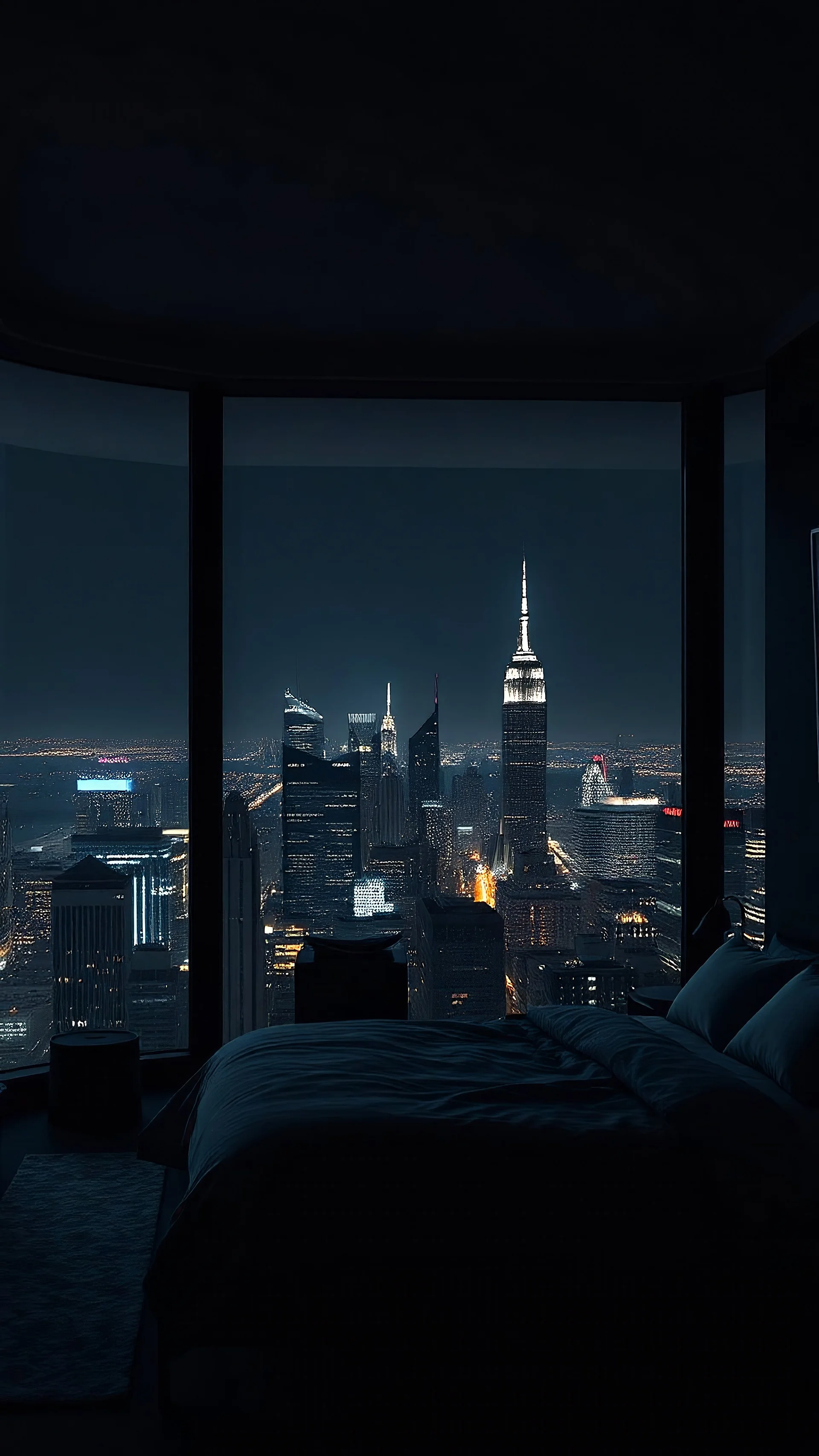 penthouse bedroom at night, dark gloomy, A room with a view of the city from the bed, generative ai By Annulus Studio