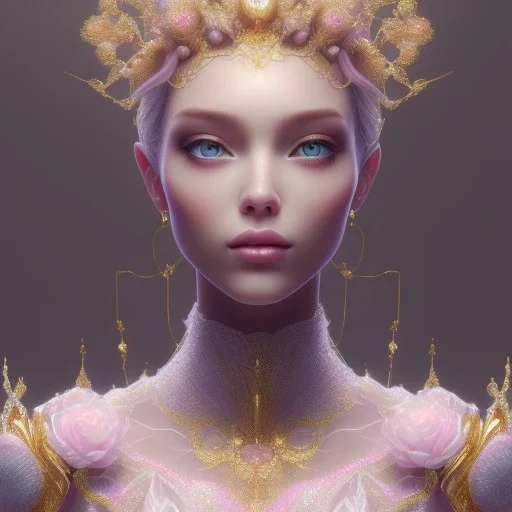 crystal rose beautiful girl smile,utra realistic,highly detailed, gold, pink, jewels, lace, masterpiece, delicate detailed, sharp focus, insanely detailed, fantasy art, intricate detailed, elegant, fog, Special Lighting, Vibrant, color Scheme, forest, unreal engine 5, trending on artstation