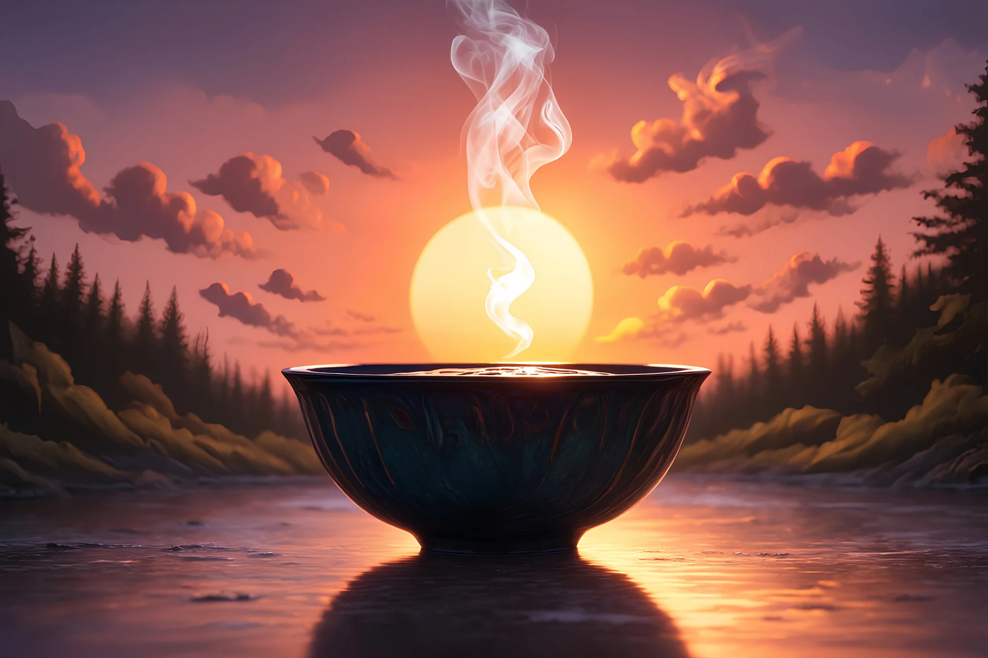 reflective ceramic bowl of steaming liquid, sunset in background, fantasy art, painting, surrealism