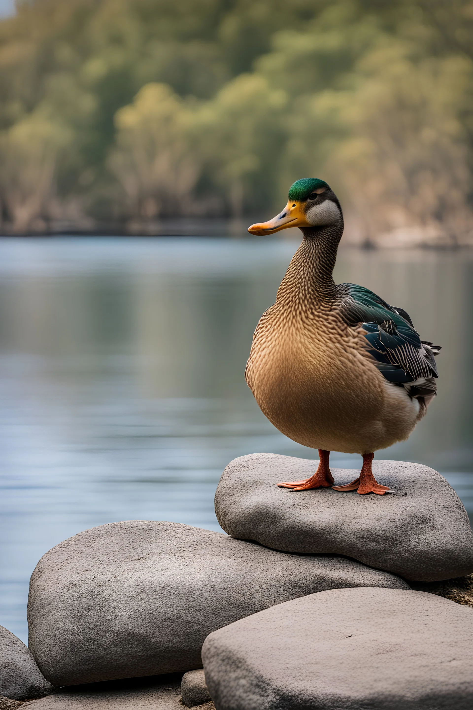 really fat and grumpy mallard duck sitting on a rock, background of a lake
