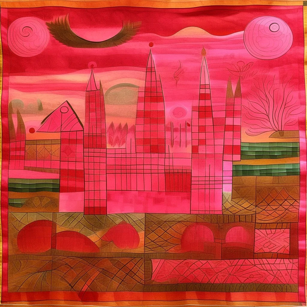 A pink kingdom in photo light designed in Navajo yarn painted by Paul Klee