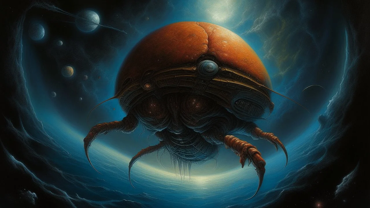 crustacean space ship in space with planet far below inspired by zdzislaw beksinski photorealistic+people