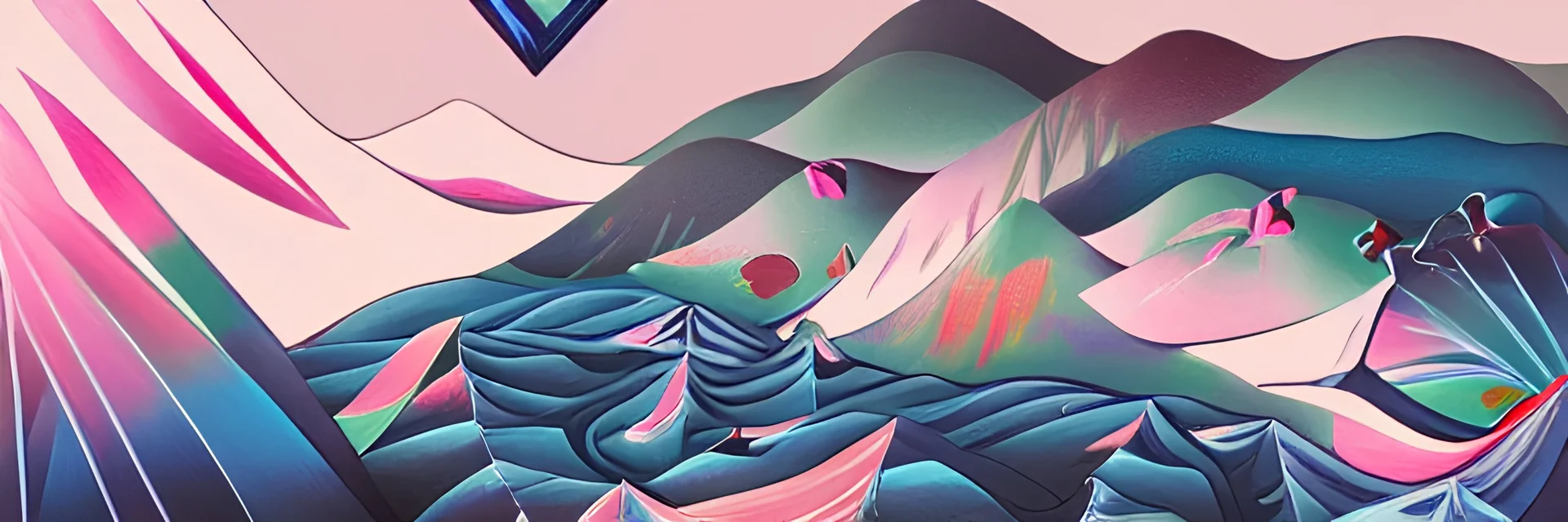 a collision of exploding black hearts and white hearts in surreal form of an endless lonely long and winding path through an isometric fantasy forested mountains and lakes landscape, vivid vibrant geometric art nouveau. trending on pixiv and artstation. an absurdly detailed oil painting 