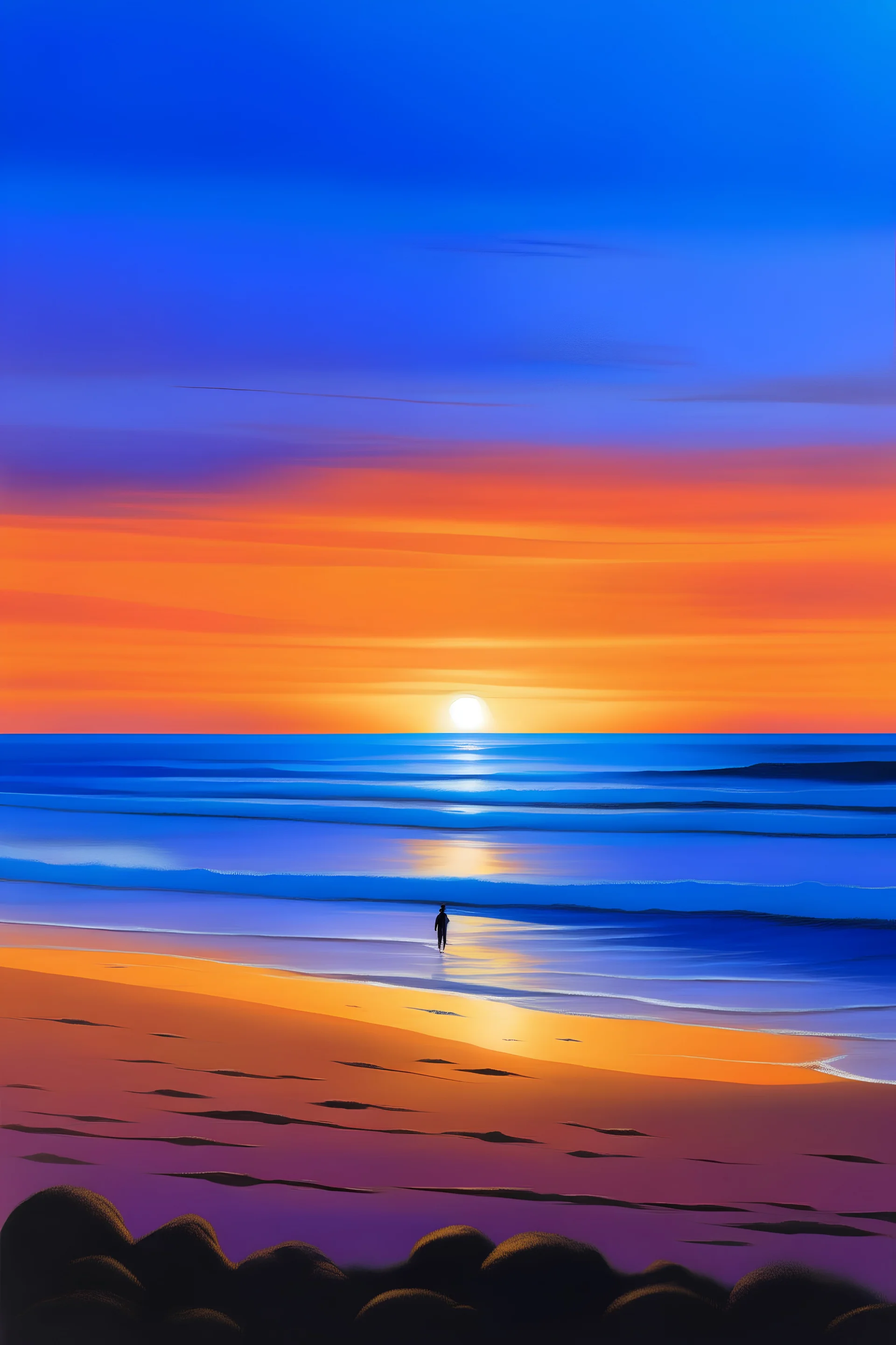 Picture a serene beach scene with an expansive ocean stretching out into the horizon. The sky is a canvas of colors blending from shades of deep blue near the top to soft purples and oranges where the sun is setting. The sun is a glowing ball, nearly touching the horizon, casting a warm, golden hue across the sky. In the foreground, two silhouetted figures are standing at the water's edge, their shadows elongating towards the shoreline as the sun dips lower. They're facing the sunset.