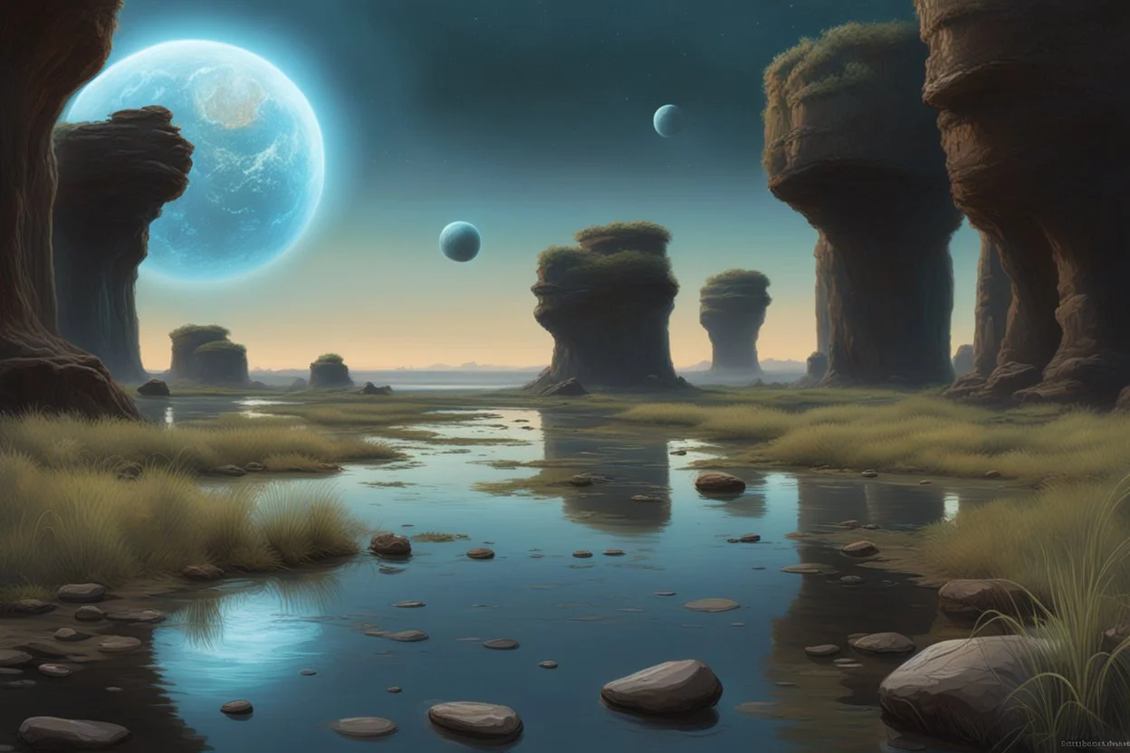 Grey blue sky with one exoplanet in the horizon, rocks, cliffs, puddle, weeds, sci-fi movies influence, movie wallpaper, epic, trascendent, ernest welvaert and charles leickert impressionism paintings