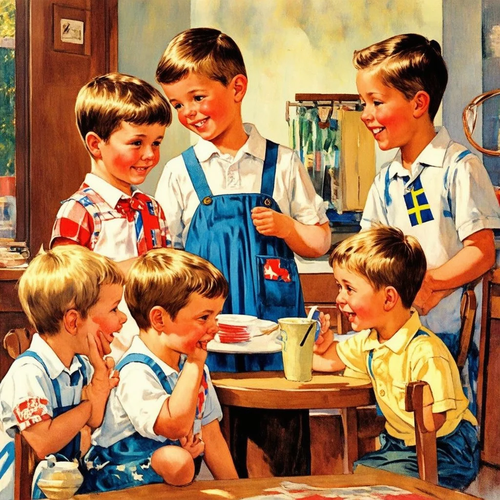 Nostalgic images with Norman Rockwell illustration style. Depicting of American kids mingling with Swedish kids. I love their funny expression.