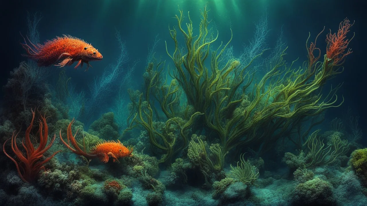 creatures, plants from subanautica from deep sea, leviathan's a lot of sea plants very deep, beautiful, river of magma, green and blue colours