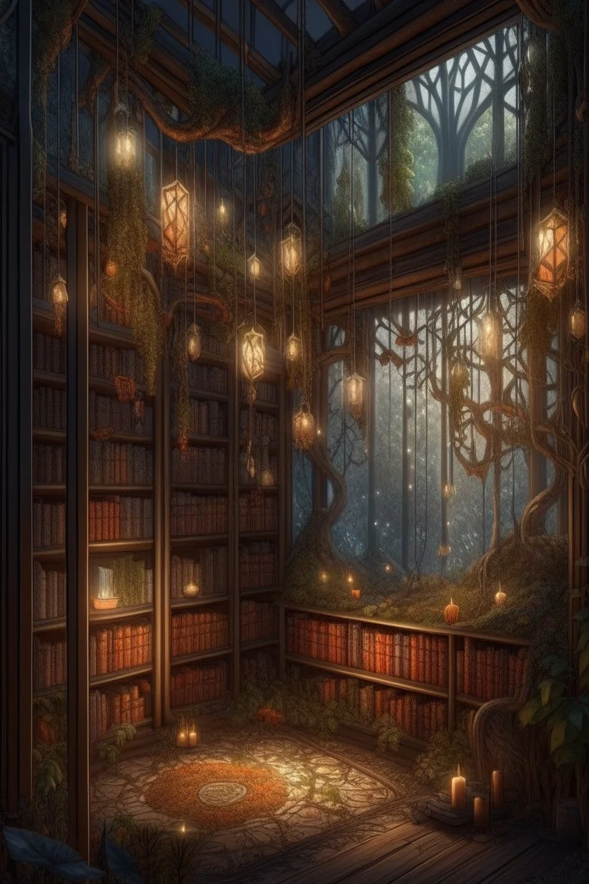 Forest library, autumn, many books,nature,natural lines, lamp garlands, twilight,dark,botanical maximalism boho style, hyperrealism, hyperdetalization, high quality, 32k, dark botanical, bionics, bionic elements,grunge, magic, fantasy, many complex details, filigree, clarity, sharpness, 8d painting, concept art, 35 mm, contrast