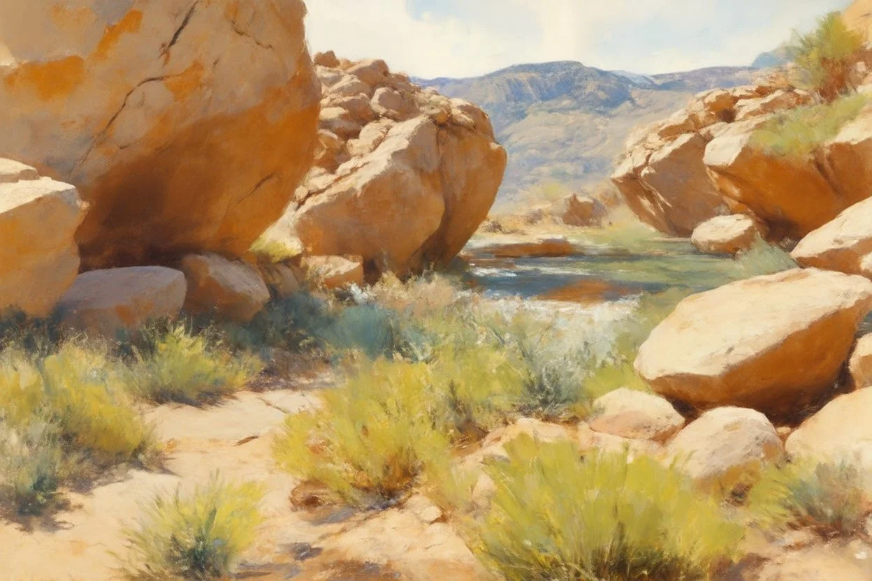 Sunny day, rocks, big rocks, vegetations, distant mountains, sci-fi, willem maris, and konstantin korovin paintings
