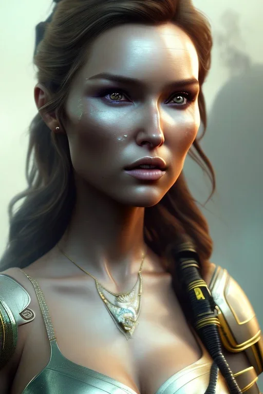 Camilla luddington face, big busty, texture skin,Crystal yellow eyes, long white hair, wearing The Lara Croft, realistic, 4k, intricate, best quality, fog particles, fire particles, octane render, vray, sword fire