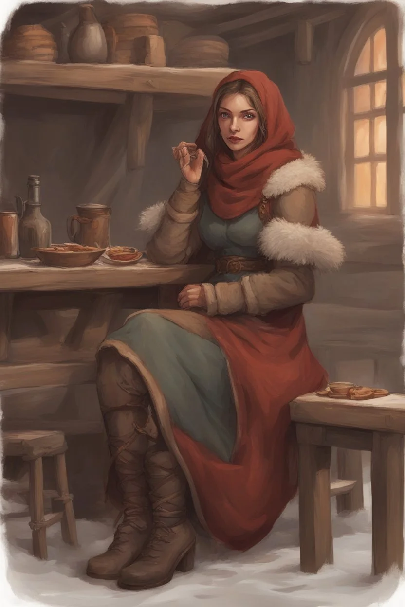 DnD style, medieval beautiful woman dressed in warm winter clothes sitting in a tavern