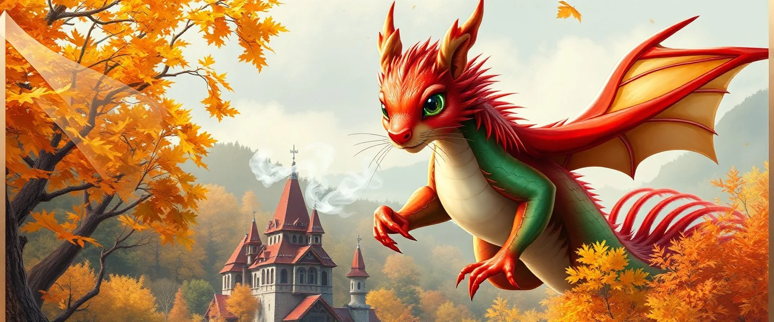 portrait of a shiny red and green dragon squirrel in autumn, flying above wooden castle, breathing smoke, book cover illustration, with metallic transparent wing border on left and right of frame