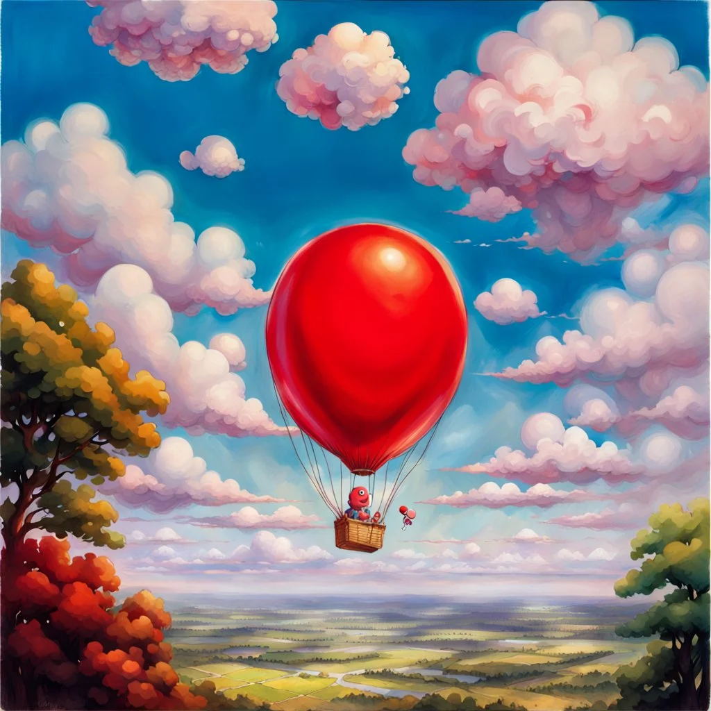 fantasy 90's tcg art of a red balloon creature with a strange face floating in the daytime sky with clouds