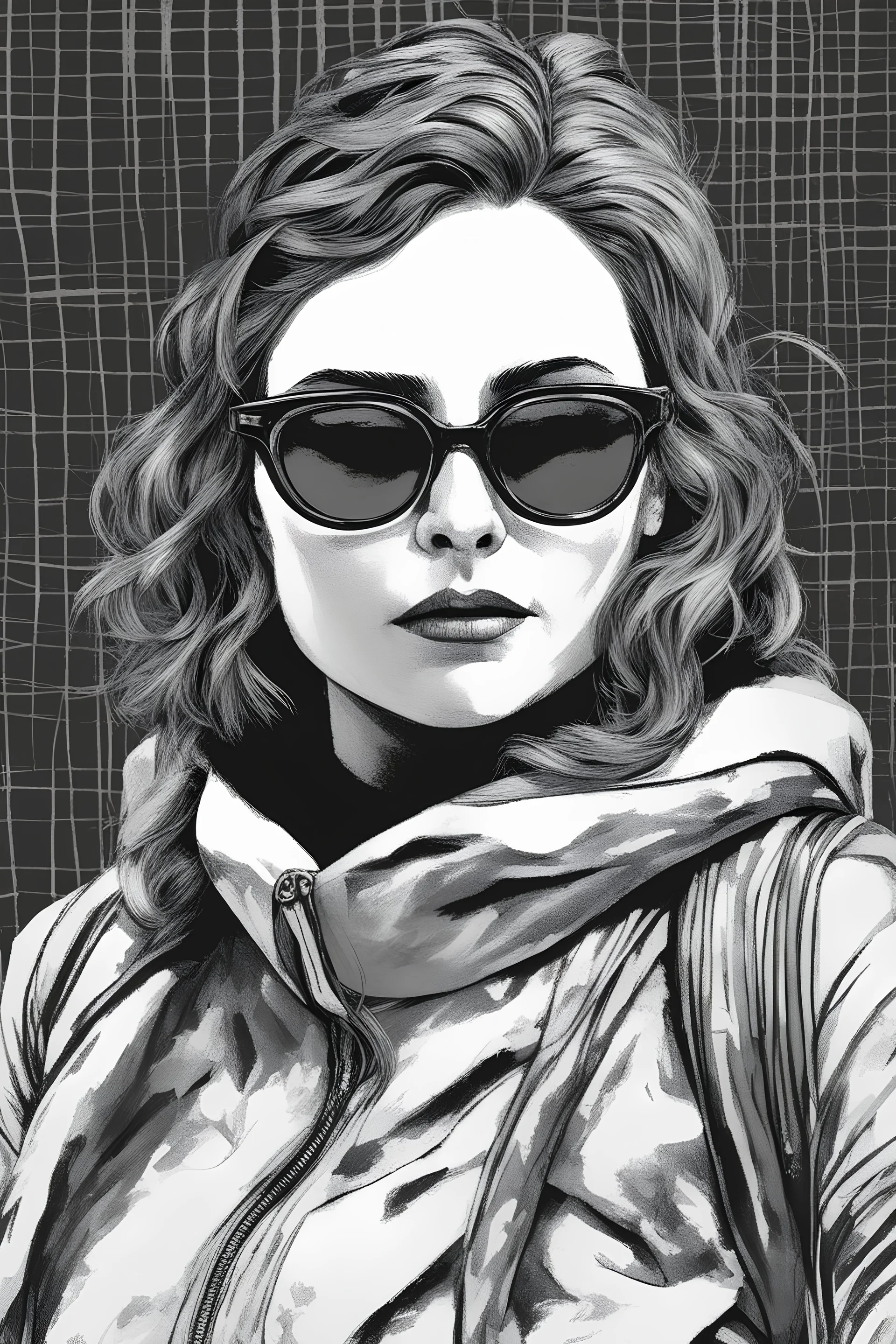 el rostro de una mujer con gafas totalmente oscuras y con expresión seria en blanco y negro que no se ven los ojos, que solamente se vea su rostro y cuello que no se vean sus ojos, gafas mas oscuras