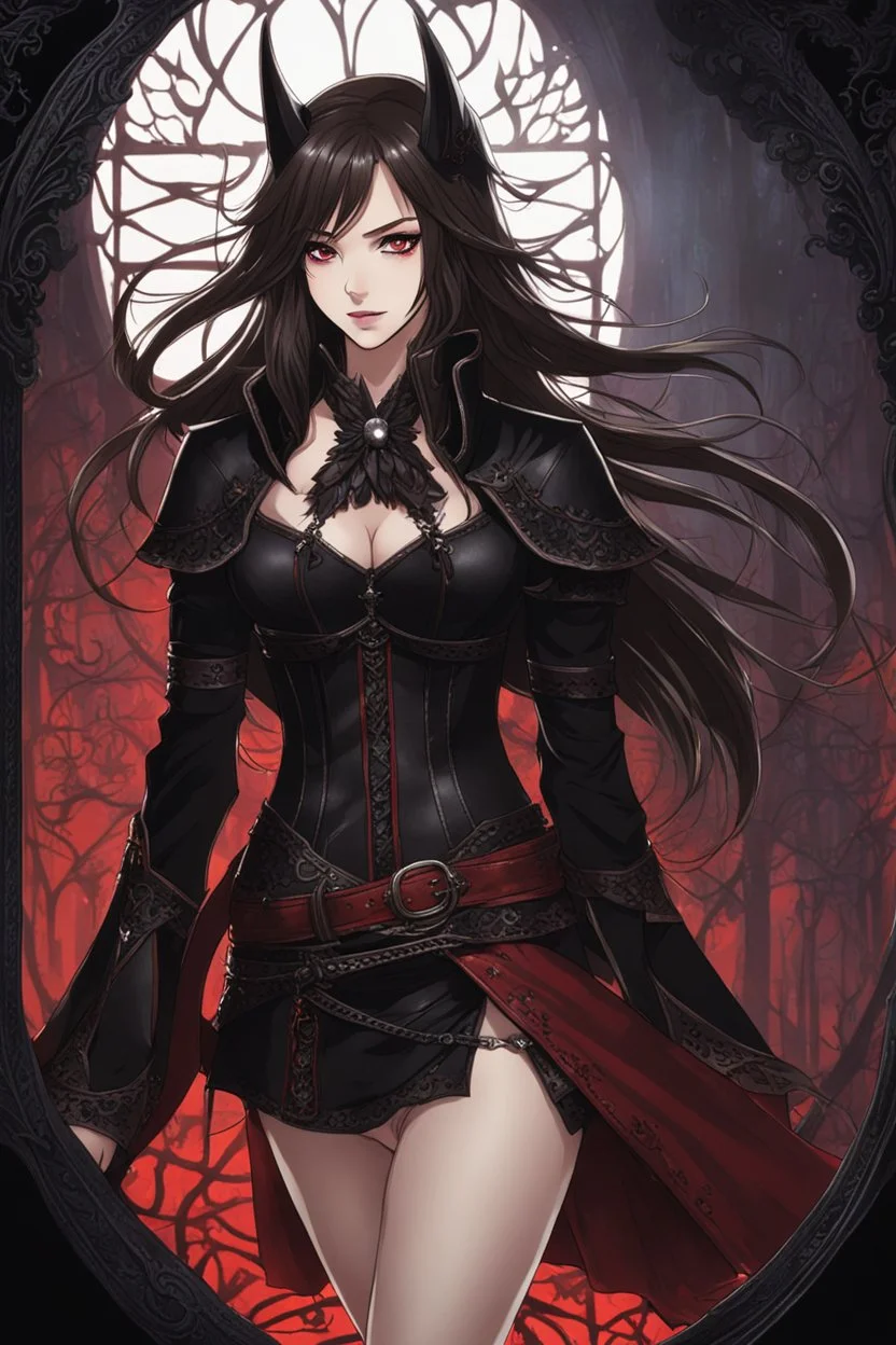 A confident looking young woman with pale skin and long brown hair in a dark fantasy setting with intricate details. She is wearing black and read leather, has red eyes, an air of malevolent power surrounds her. Anime style. High definition.