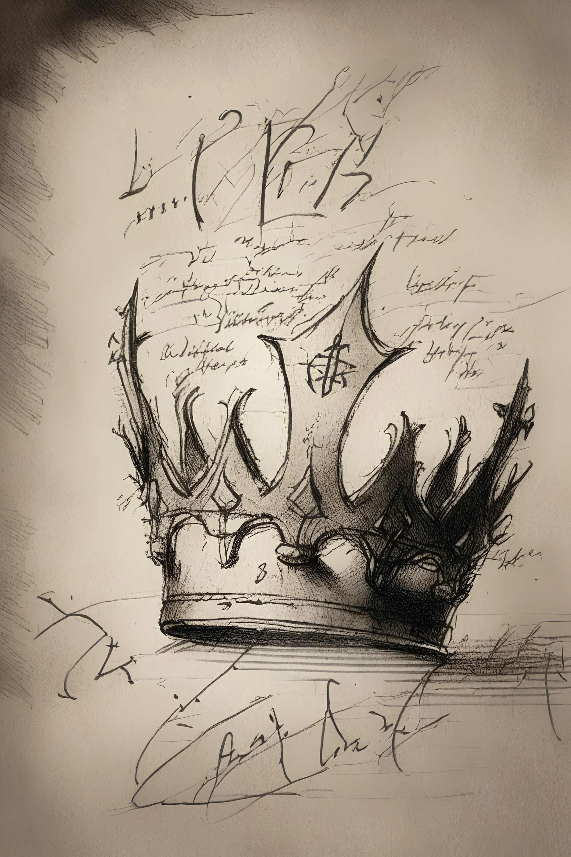 A sketch of an ancient legendary crown with strange text