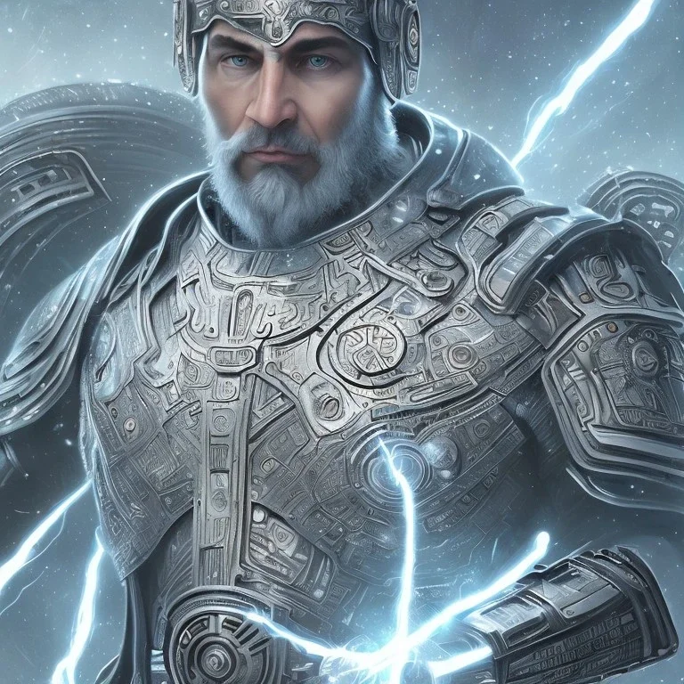 symetrical, centered, ultra detailed, digitarl art, in center is a portrait of highly detailed greek colossus surrounded by quantum galaxy codes seeking knowledge, detailed face, dominating colors = gray light blue, lightning,