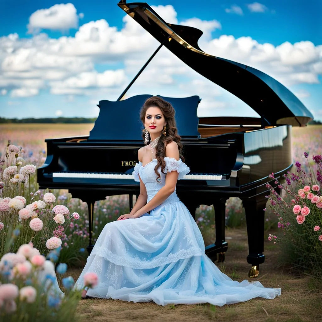 fullbody girl makeup wearing a victorian dress sitting to a grand piano in country side ,flowers ,pretty clouds in blue sky