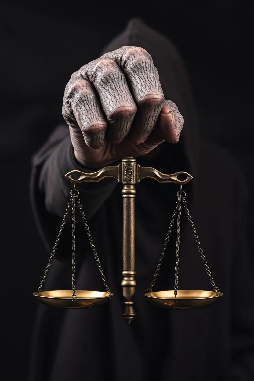 A scary one hand of a hooded creature holding the Scale Of Justice ,