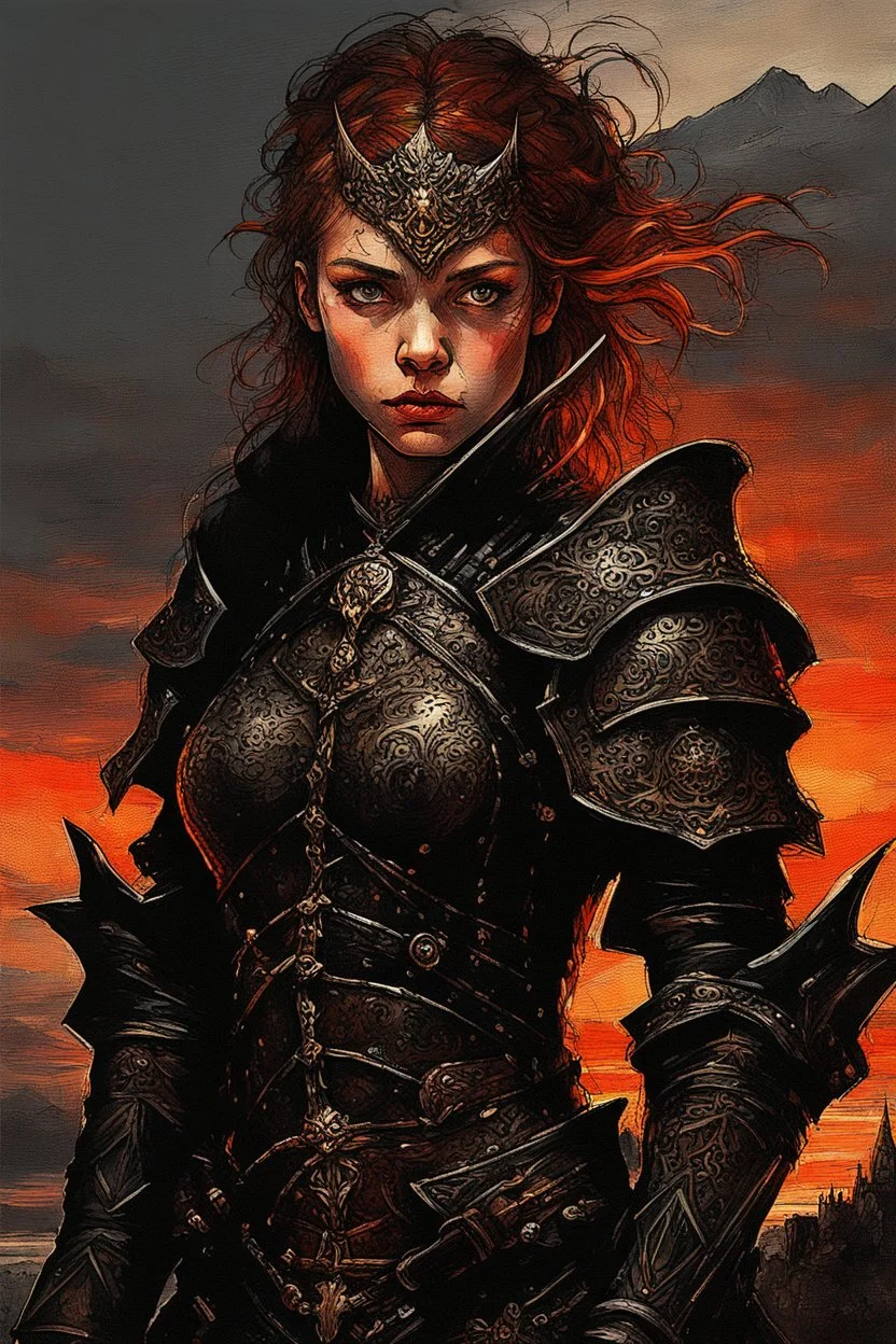 A formidable warrior girl in black armor, on the background Amazing gloomy landscape, flooded with sunset, mountains, trees, fabulous scary hero, , juicy emotions, painting, dark fantasy, gloomy day, dark world, portrait, Gothic Town At Night, Fantasy, Intricate Details, Castle Courtyard Gardens, Hyper Detailed, Jean Baptiste Monge, Carne Griffiths, Michael Garmash, Seb Mckinnon, Masterpiece