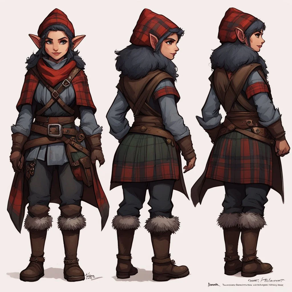 character concept sheet with AD&D statistics and characteristics, [illustration by mounir fatmi] slavic short thin female gnome thief with a sling in tartan cape