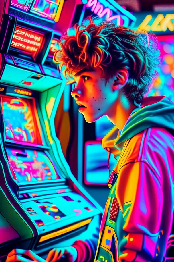 a millineal teenage boy is playing video arcade games, bright colored clothes from the 90s, hairstyles of that time