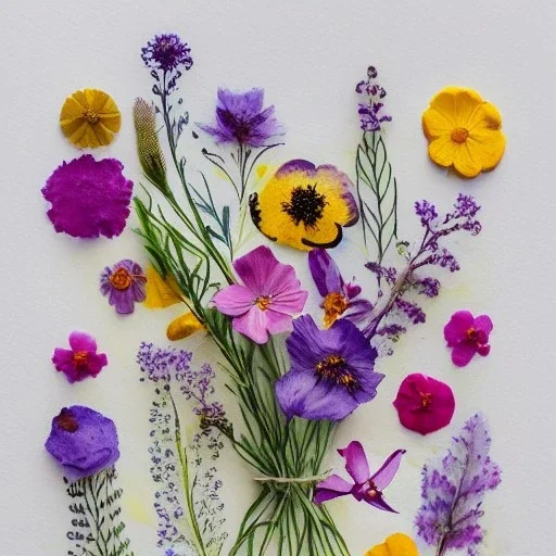 delicate arrangement of pressed flowers, beautiful composition, aesthetic layout, wildflowers, watercolor