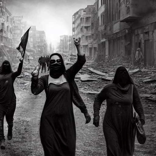 women, faces covered in black masks, ragged clothes, holding flag, realistic, Life Magazine photgraphy, war-torn, destroyed city in the background, 8k resolution, hyperrealistic, detailed matte painting, b&w, dynamic lighting, war, anarchy,