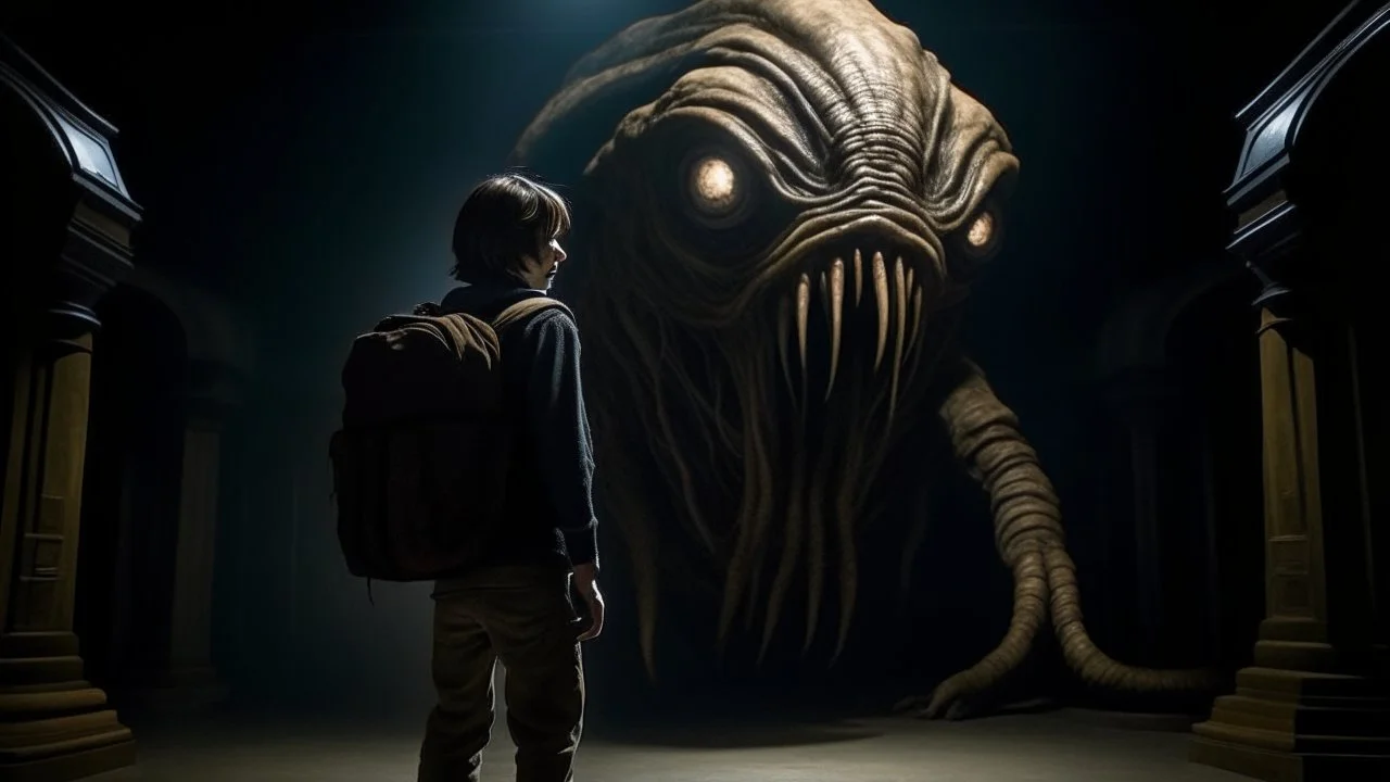 شخص واقف امام وحش مخيف للسفر عبر الزمن الشخص ينضر الا الوحش المخيف ولجو مخيف ومضلم