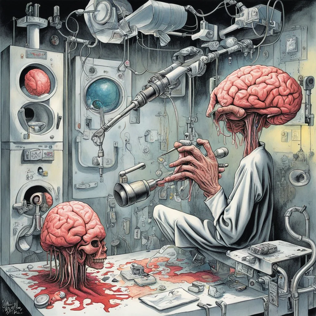 Projection and obfuscation, faucet crash course in brain surgery, asymmetric neo-surrealism, by Martin Rowson, color ink illustration, rich complimentary colors, abstract, weirdcore