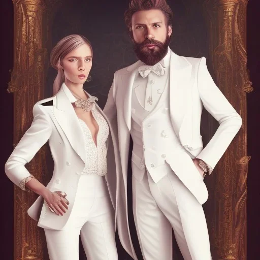 8K, a Highly detailed stunning portrait of Dom man, a white suit, beard, and short hair, with a submissive woman