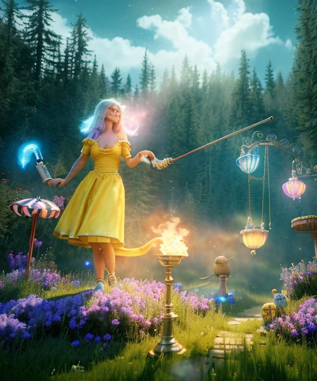 Ultra realistic wonderland photo, happy blonde woman smoking a shisha, perfect iris, glow eyes, blue dress, big purple-cat friend, circus dress style, old school tattoo, smoke, marijuana garden, glow eyes, perfect iris, soft color, highly detailed, unreal engine 5, cinematic, ultra detail, volumetric lighting, high definition.