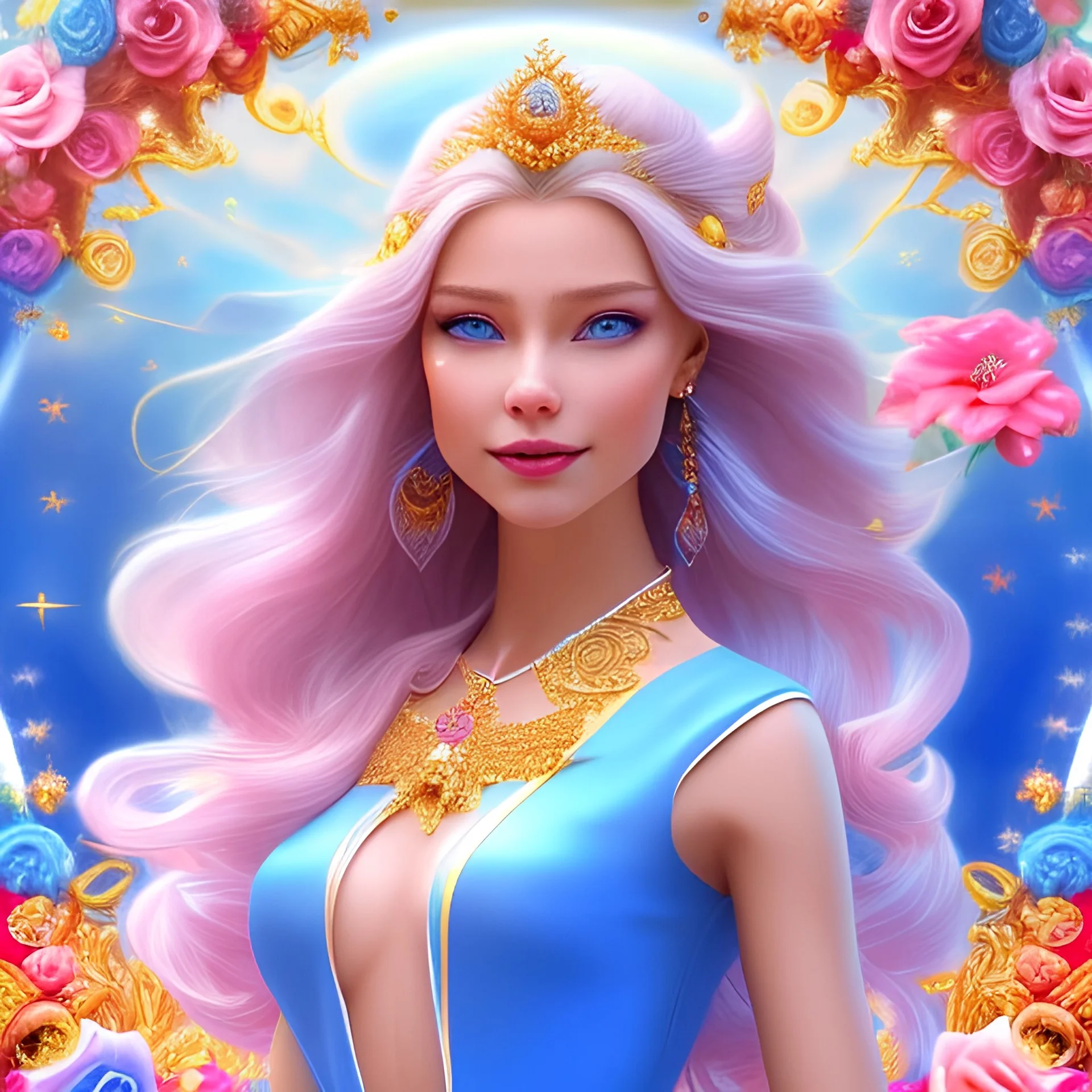  Beautyful smiling young woman, long hair amazing blue eyes, flowers, happy cosmic, bright colors, blue, pink, gold, jewels, realistic, photo real, clear sunny background, highly detailed, high contrast, 8k high definition, unreal engine 5, extremely sharp detail, light effect, sunny light background