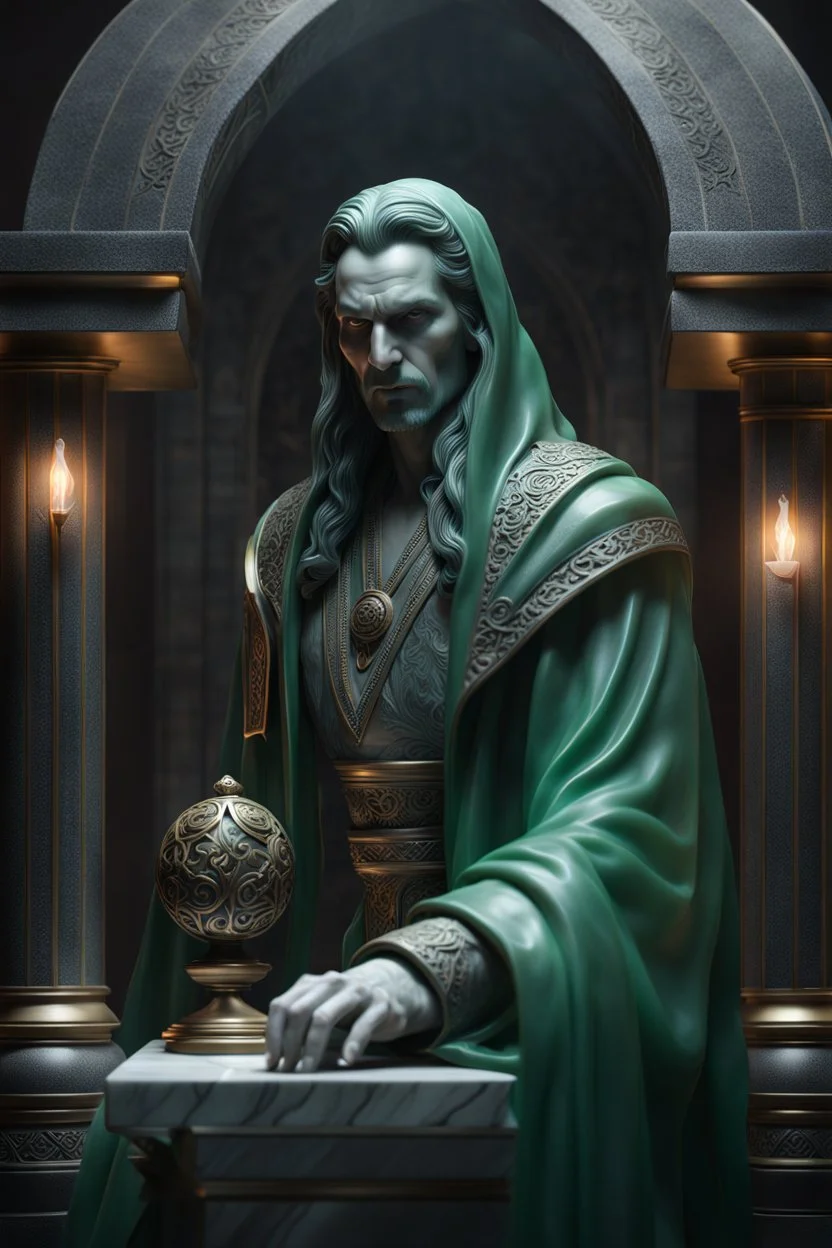 highly detailed marble and jade sculpture of a male necromancer, transparent nail polish, beautiful hands, stunning face, volumetric fog, Hyperrealism, breathtaking, ultra realistic, unreal engine, ultra detailed, cyber background, Hyperrealism, cinematic lighting, highly detailed, breathtaking, stunning environment