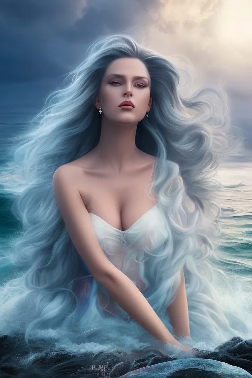 half body shot,realistic portrait of a 20-25 old femal model, long blue pink flowing hair, great grey eyes, ,full body, standing in rocky beach , very big ship, stormy sea with sunset ,clouds,god rays ,storm,rocky beach