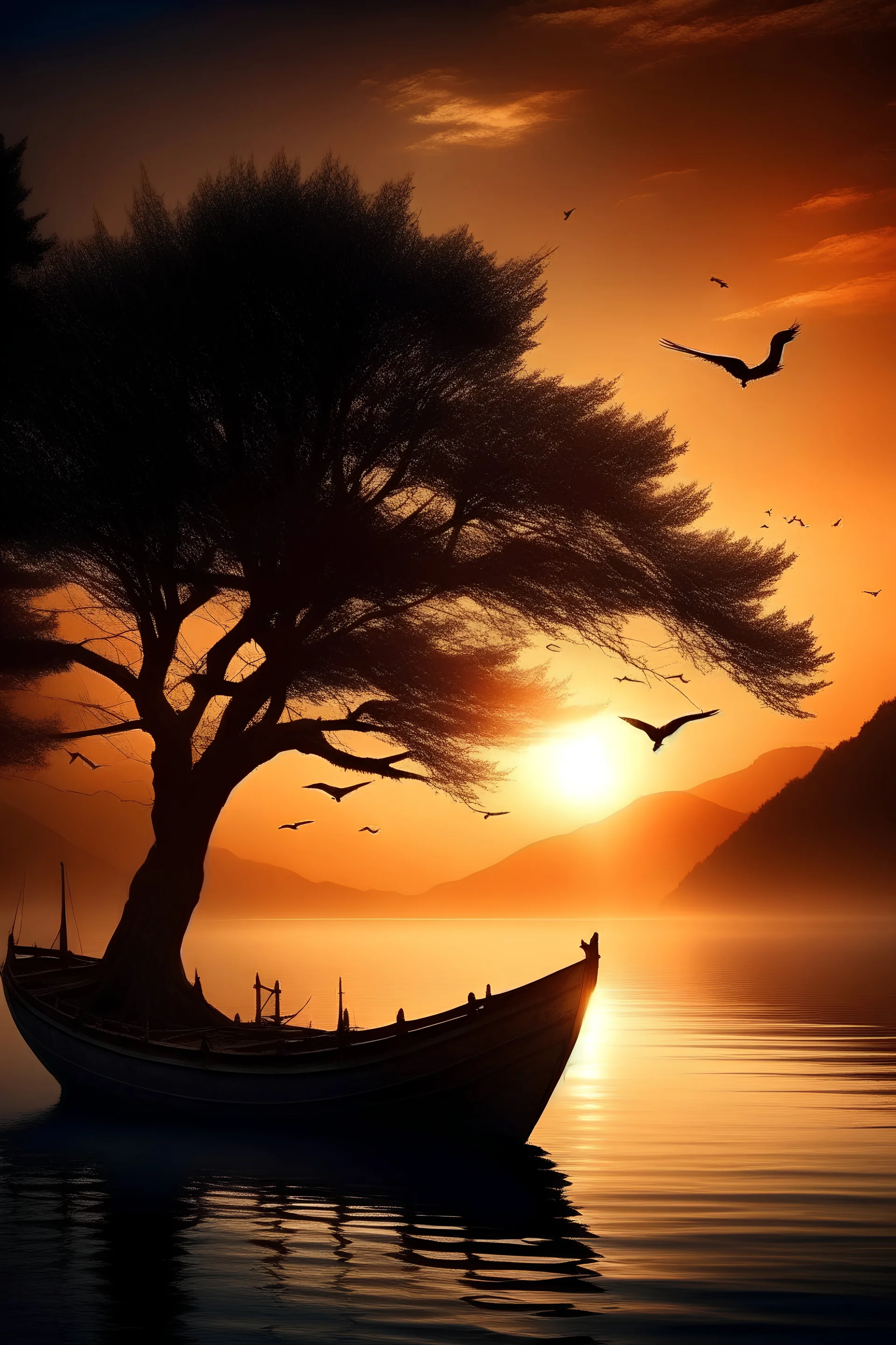 Trees sea mountain boat sunrise bird's