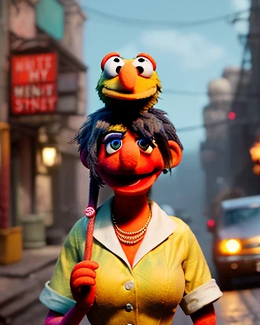 waitress woman with Sesame Street muppet mask-head, concept art, retro style, smooth, unreal engine 5, god lights, ray tracing, RTX, lumen lighting, ultra detail, volumetric lighting, 3d.