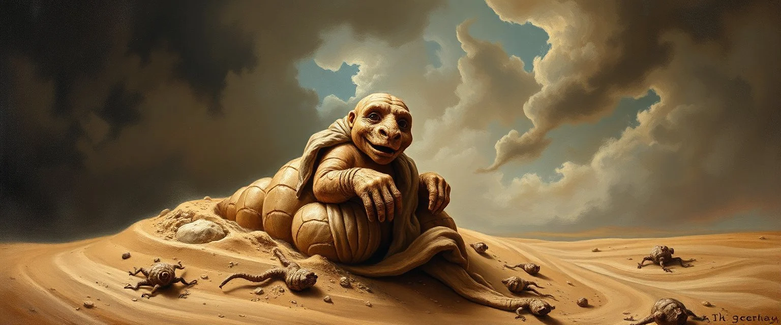 master oil painting by Rembrandt, good afternoon clay golem peeking out of a sand twister whirlwind cocoon