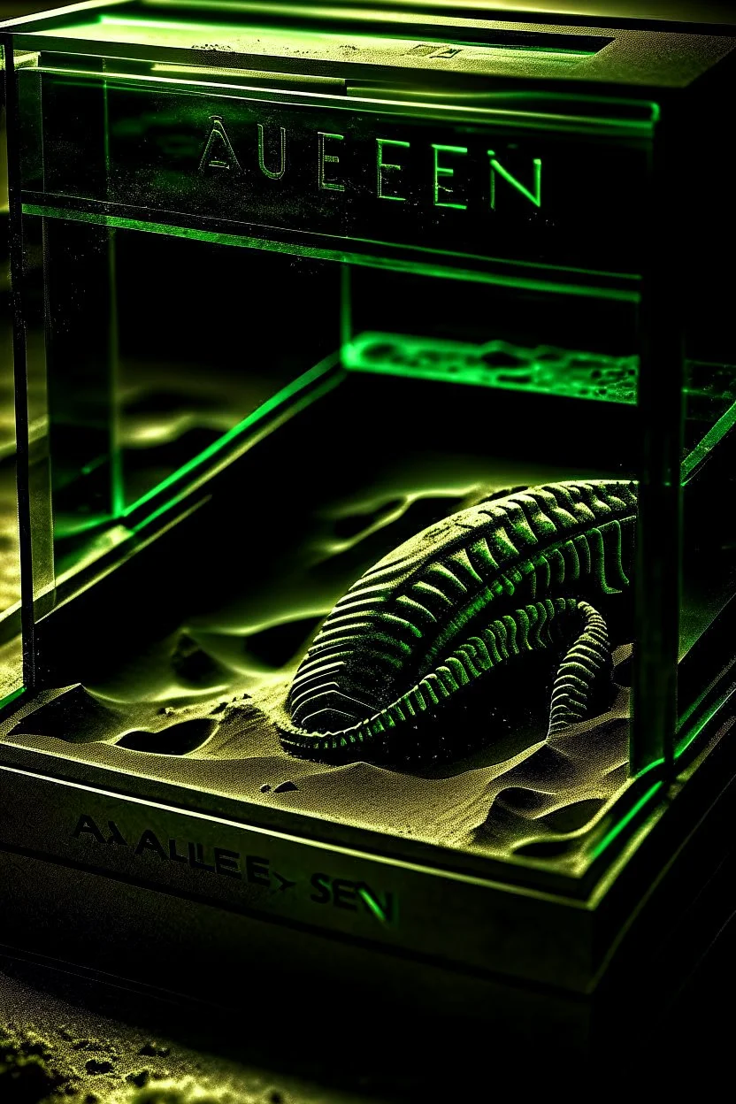 an alien's close up footprint lodged within sand in a neat, square display glass box, "Alien" engraved on small label outside of the box, realistic and highly detailed, 8k