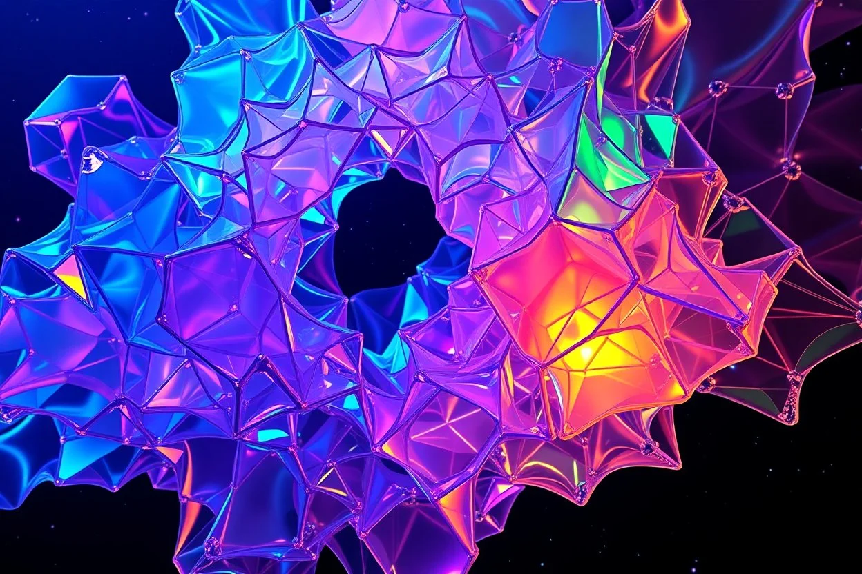 picture of create A hypnotic loop of colored translucent 3D complex structures evolving and morphing, fluid geometry shifting between organic and geometric forms, iridescent glass material with internal glow,instances must have random translucent matrial smooth camera orbit, galaxy background, seamless motion, cinematic lighting, generative art style, 4k.do with geo nodes zoom out to show whole image