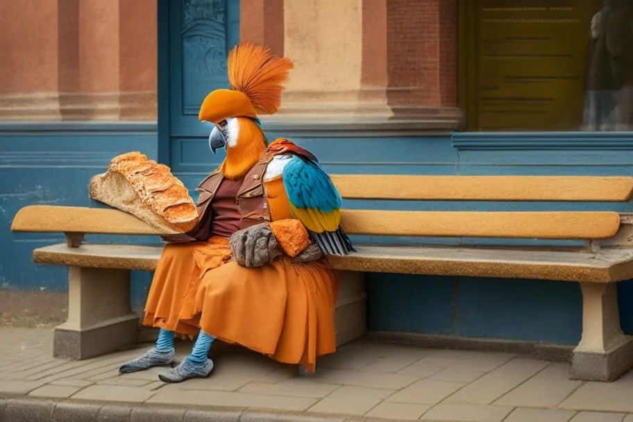 Half parrot half human in a 1700s Orange Dutch uniform siting on a bench in a Dutch city eating a loaf of bread