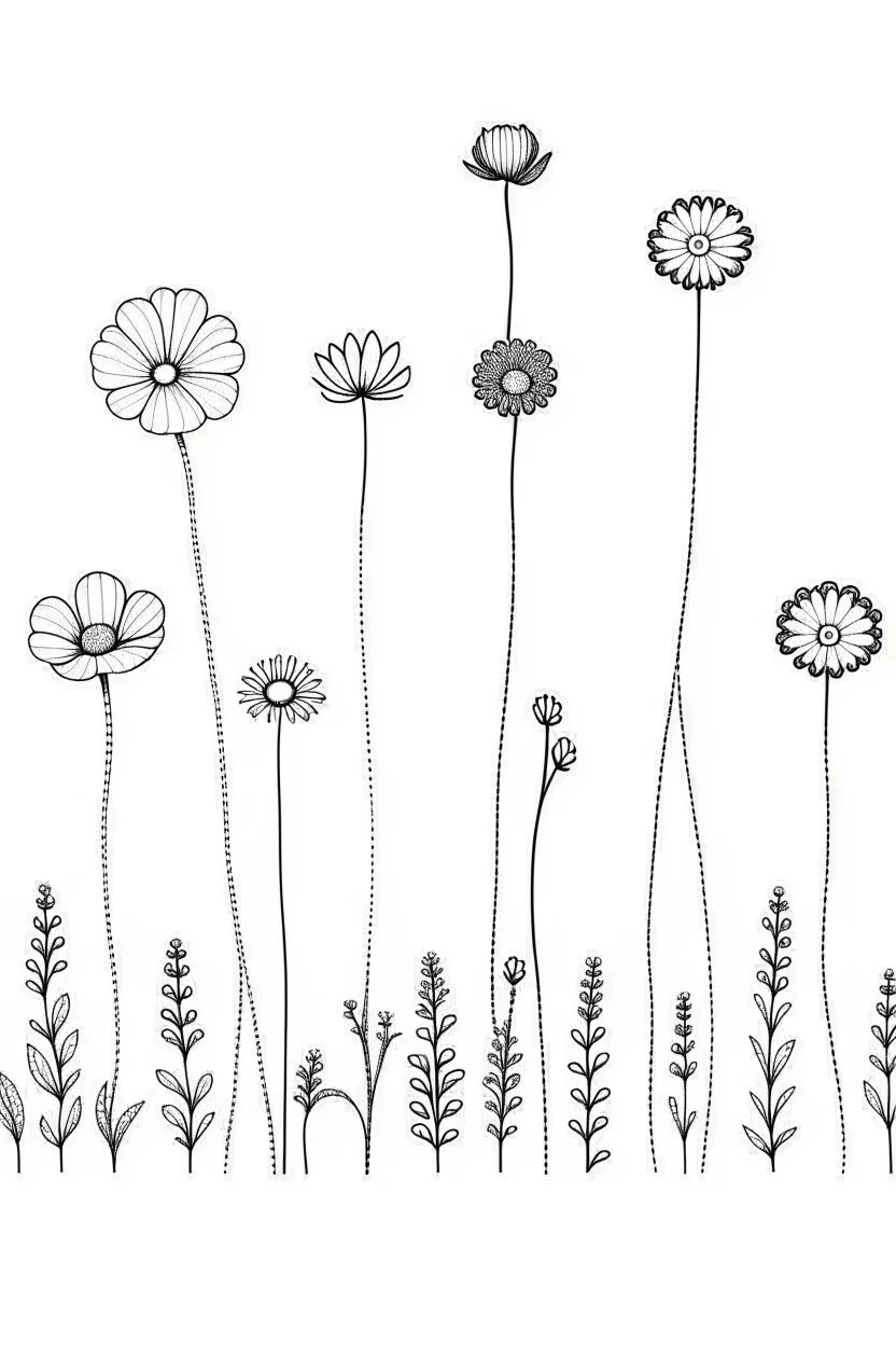 set of growing wind flower on the grace, SIMPLE ONE lineS art, white background, minimalis, different view, only white bakcground solid.