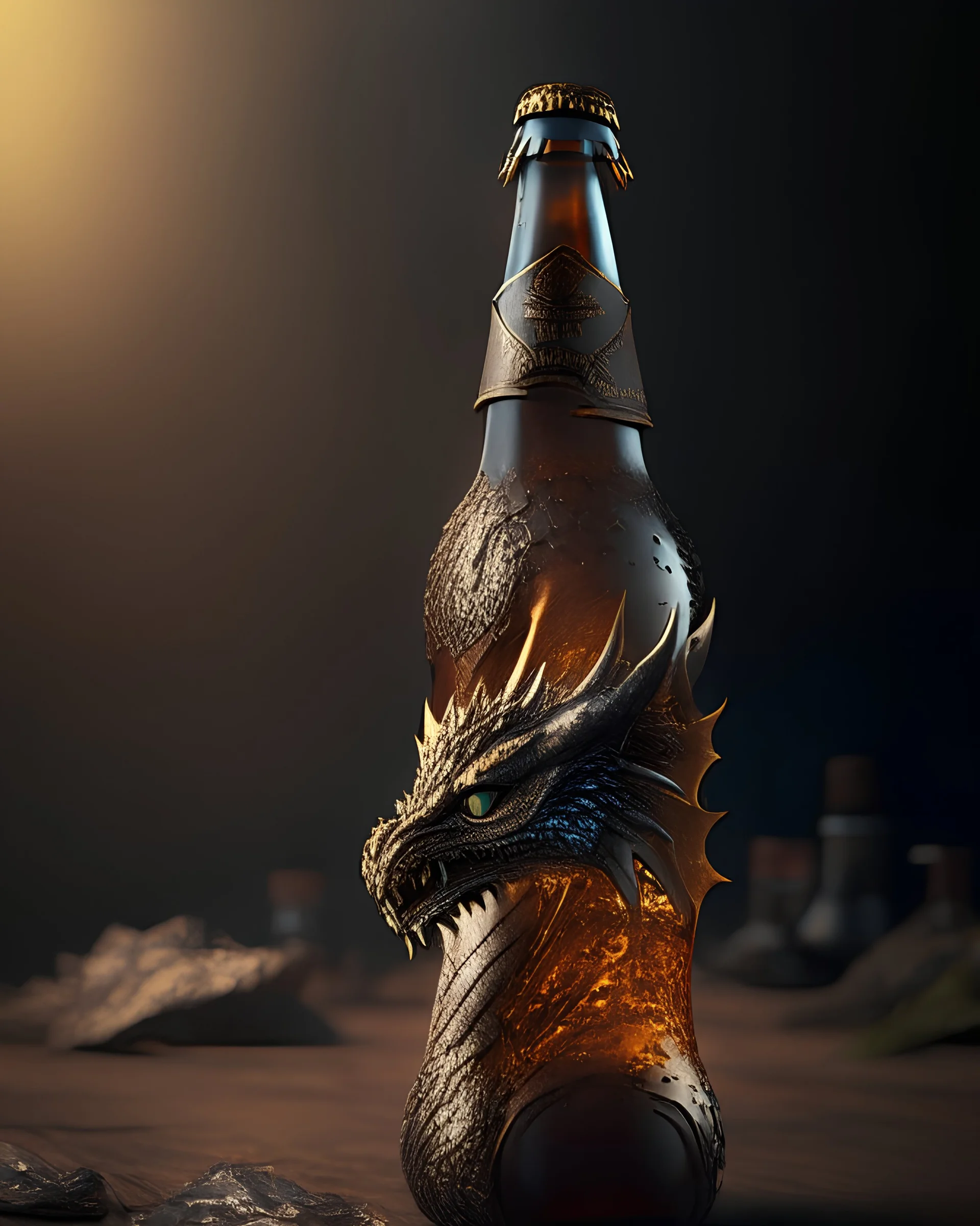 Photoreal gorgeous dragon-shaped beer bottle by lee jeffries, 8k, high detail, smooth render, unreal engine 5, cinema 4d, HDR, dust effect, vivid colors