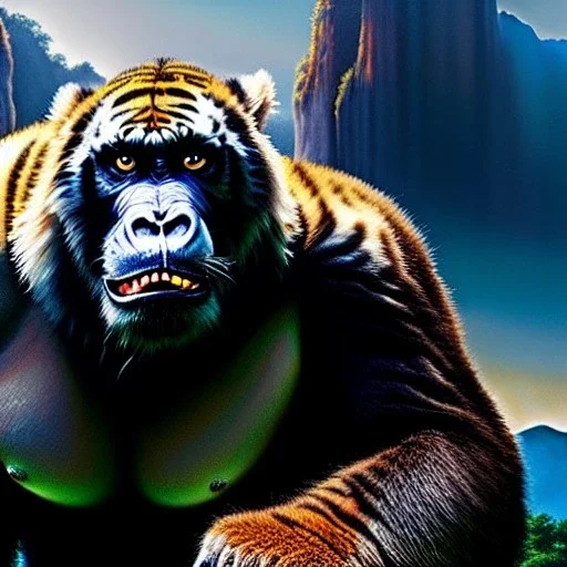 Ultra detailed fullbody Portrait in oil on canvas of King Kong merges with a Tiger ,intense stare,extremely detailed digital painting, extremely detailed face,crystal clear Big eyes, mystical colors ,perfectly centered image, perfect composition, rim light, beautiful lighting,masterpiece,8k, stunning scene, raytracing, anatomically correct, in the style of robert e howard and Ken Kelley and Ohrai Noriyoshi and Simon Bisley and tomzj1