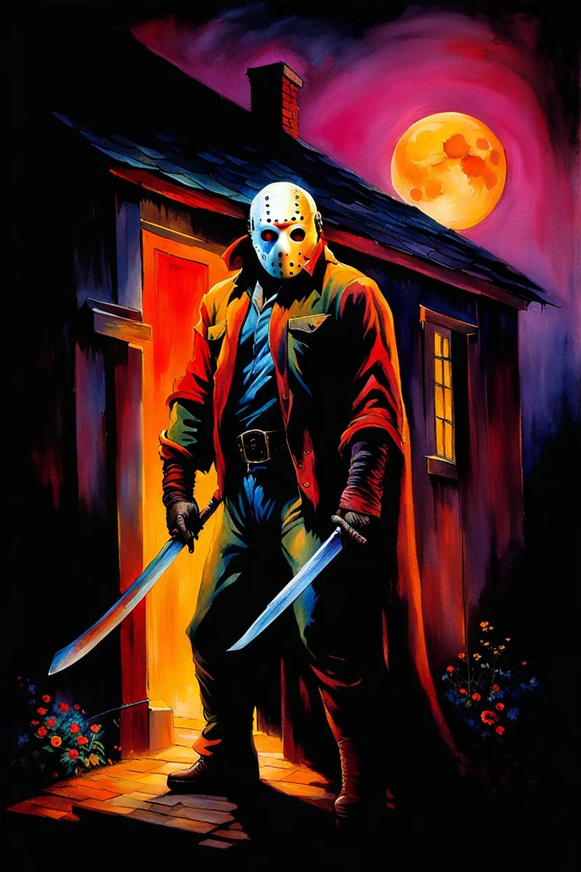 in the dead of night the bright moon shines down on a giant, extremely colorful Jason Voorhees standing outside the home of his next victim, a vibrant, extremely colorful, multicolored, watercolor stained wall in the background, in the art style of Boris Vallejo, Frank Frazetta, Julie bell, Caravaggio, Rembrandt, Michelangelo, Picasso, Gilbert Stuart, Neal Adams, Jim Lee, Sanjulian, Thomas Kinkade, Jim Lee, Alex Ross, Dorian Vallejo, Stan Lee, Norman Rockwell - Absolute Reality v16,