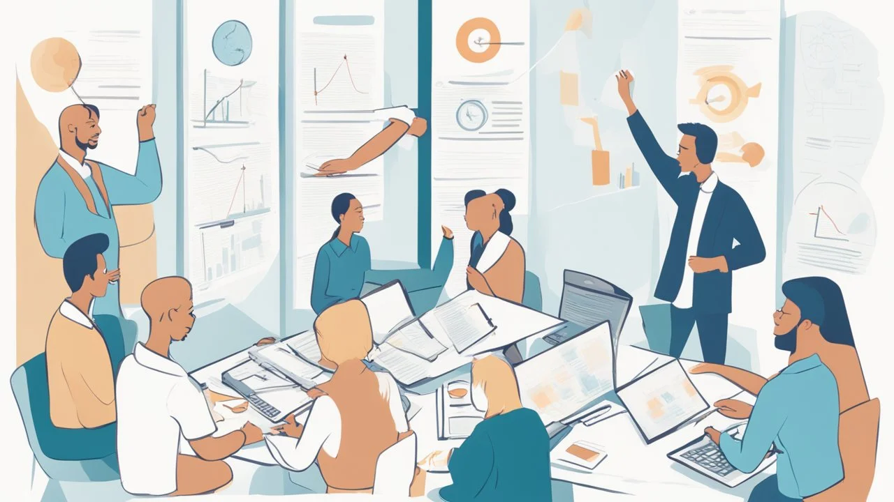 An image that conveys achieving success and skill development. The image depicts a group of individuals gathered in an inspiring teamwork session. They appear engaged in discussion and constructive exchange of ideas. In the background, a screen displays a chart or a conceptual map indicating various goals and pathways. Everyone appears enthusiastic and dedicated to collaborative work and continuous learning. The image reflects collaboration and a focus on achieving success through skill develop