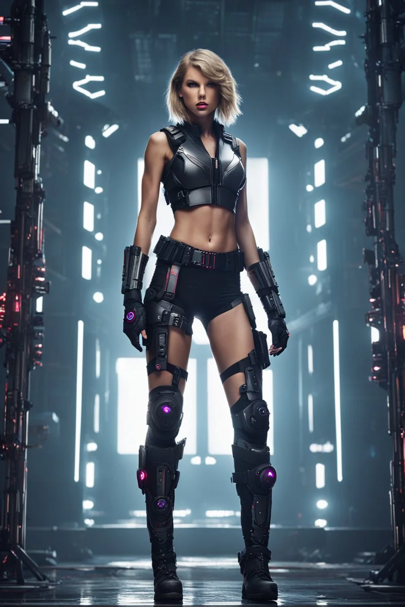 Full body image of a army cyberpunk cyborg beautiful Taylor Swift,good body,lighting background